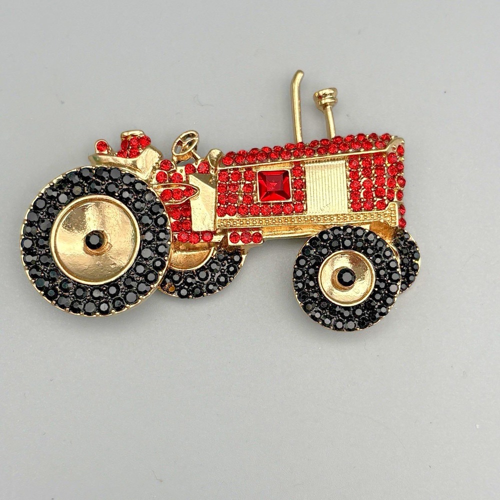 Vintage Rhinestone Tractor Pin Red Black Bling Brooch Farm Equipment RARE